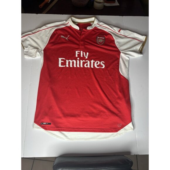 Arsenal Soccer Jersey Men Large Red WHite Puma Home Fly Emirates Henley Adult - Picture 1 of 5